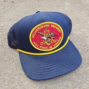 VTG 80s Williamsburg Brewery Anheuser Busch Trucker Hat Navy Blue Rope Snapback